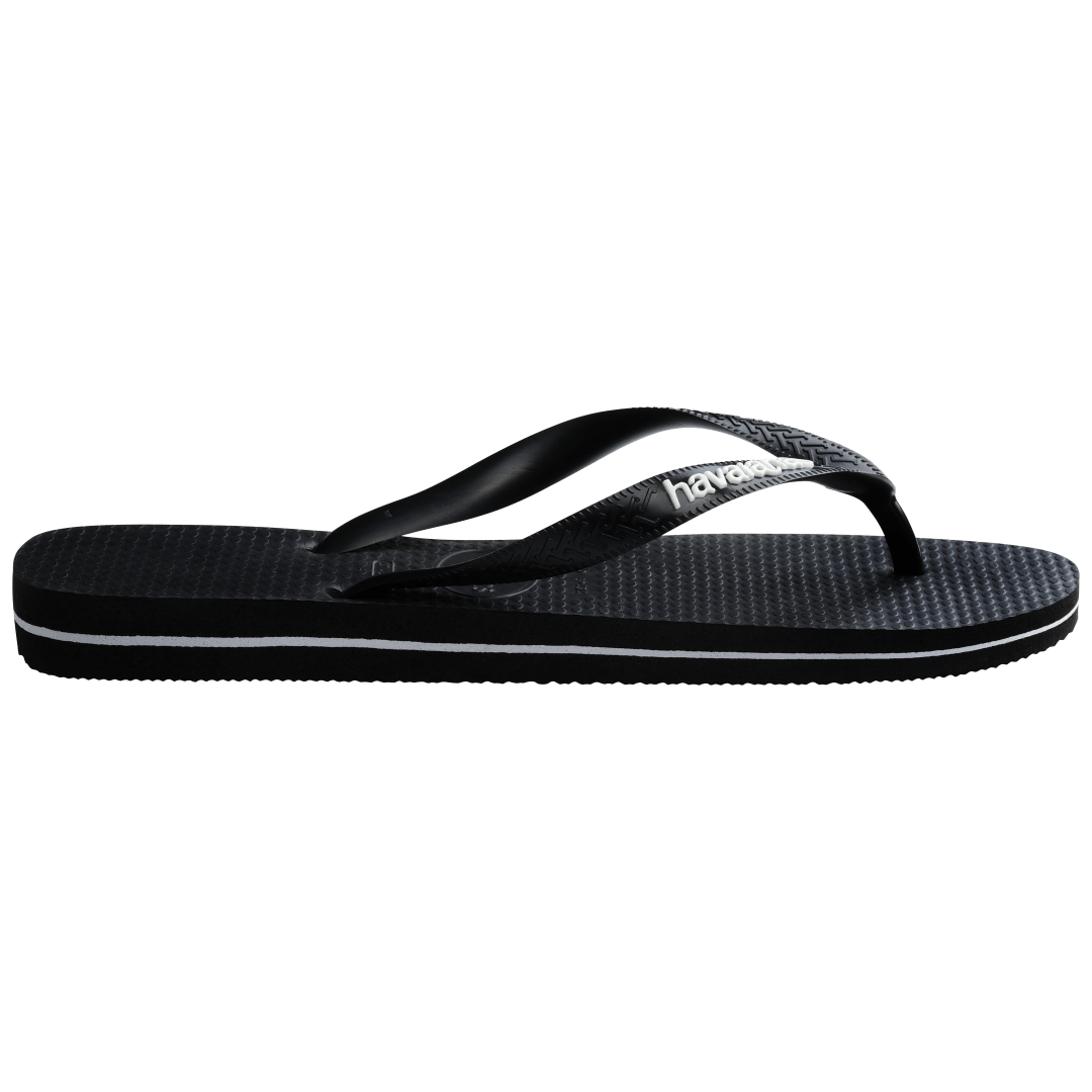 Kids' black flip flops with white stripe contrast sole side view