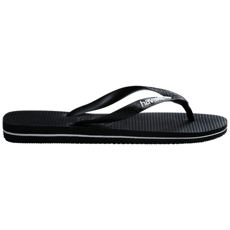 Men's black flip flops with white stripe contrast sole side view