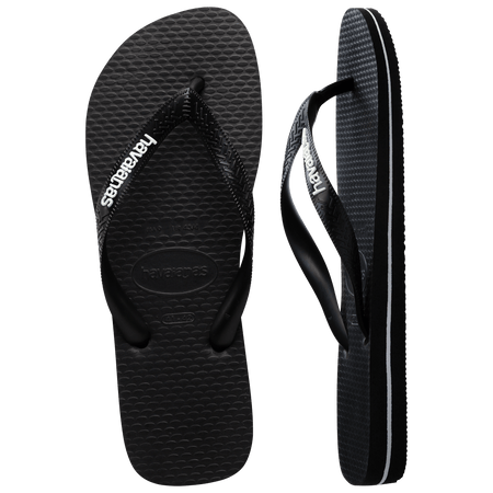 Kids' black flip flops with white stripe contrast sole top and side view