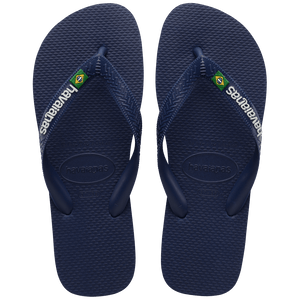 Kids' navy blue flip flop with Brazil flag, top view