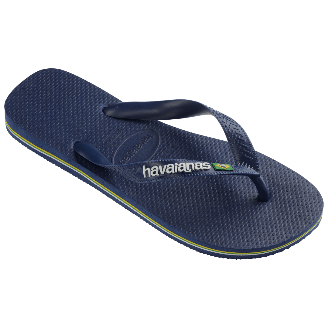 Kids' navy blue flip flop with Brazil flag, right 3/4 view