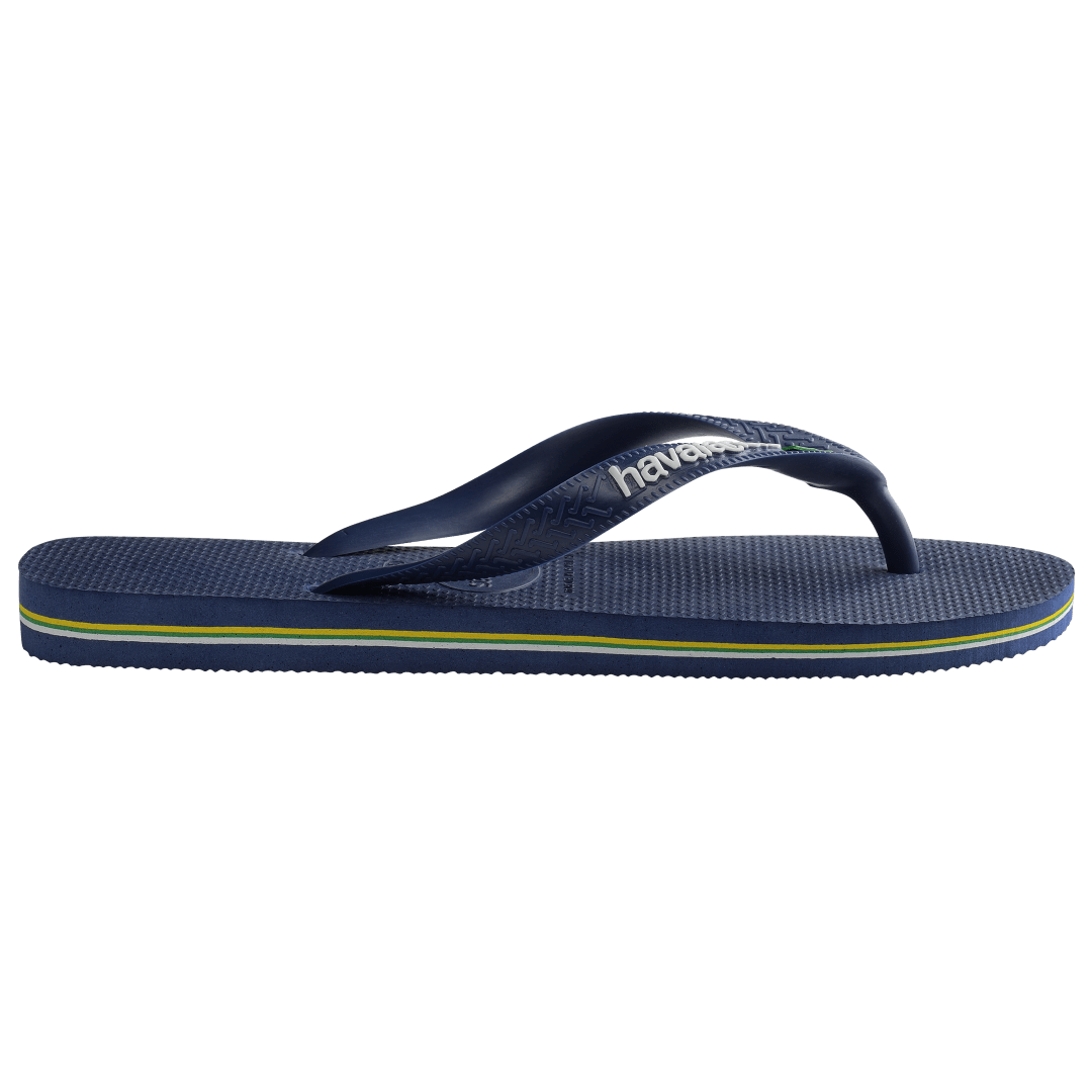 Kids' navy blue flip flop with Brazil flag, side view