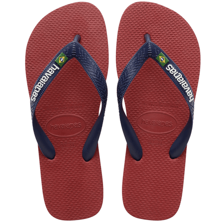 Kids' maroon flip flop with navy straps, top view