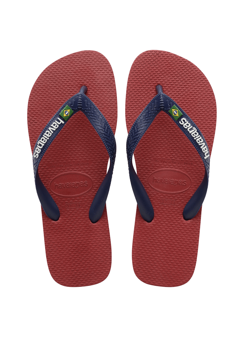 Kids' maroon flip flop with navy straps, top view