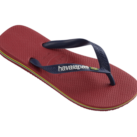 Kids' maroon flip flop with navy straps, right 3/4 view