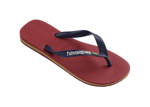 Kids' maroon flip flop with navy straps, right 3/4 view