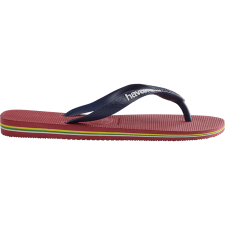 Kids' maroon flip flop with navy straps, side view