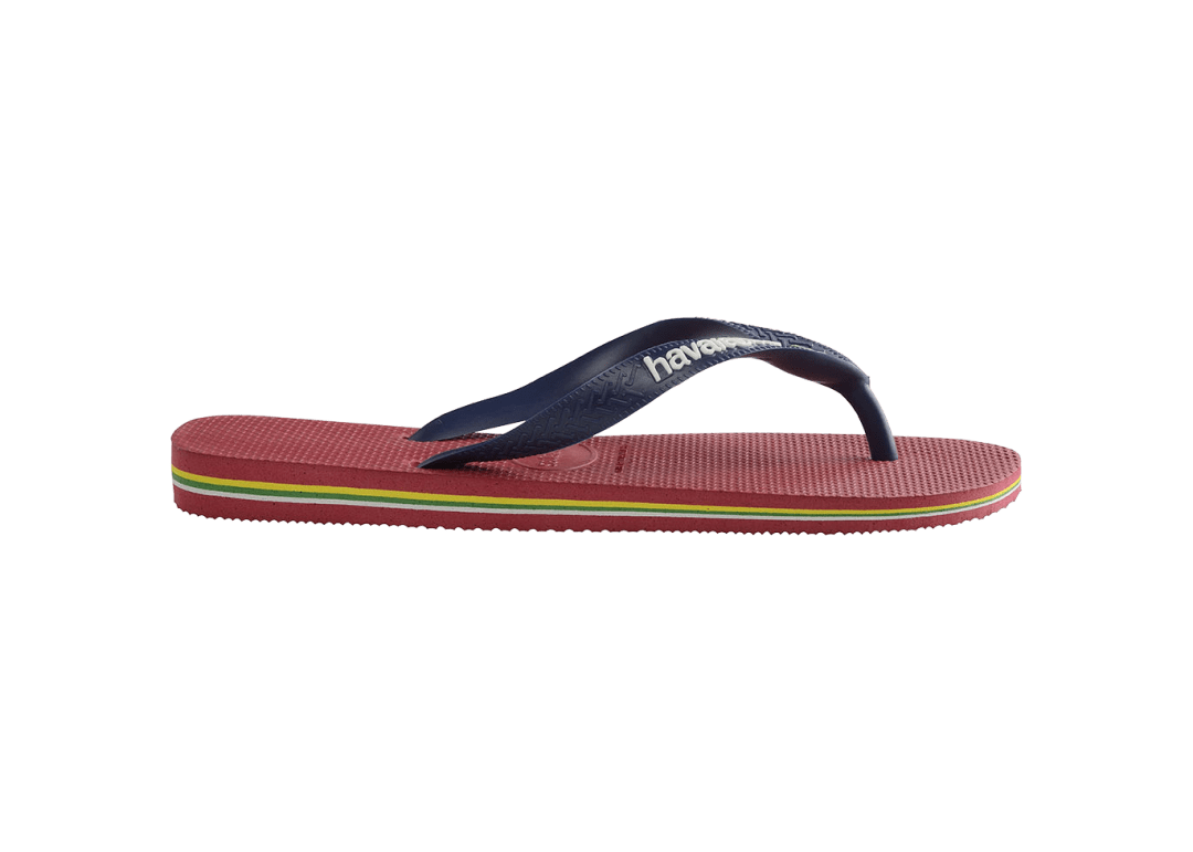 Kids' maroon flip flop with navy straps, side view