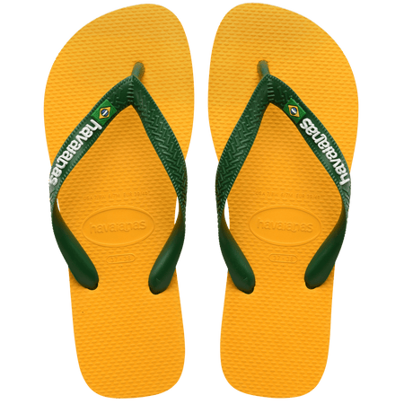 yellow flip flops with green straps featuring a brazil flag, top view