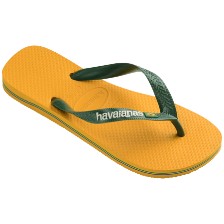 yellow flip flops with green straps featuring a brazil flag, front right view