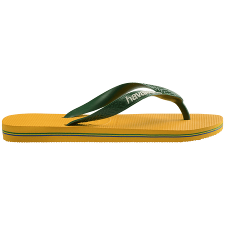 yellow flip flops with green straps featuring a brazil flag, side view