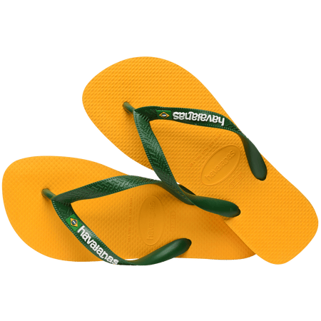 yellow flip flops with green straps featuring a brazil flag, one flip flop leaning on the other flip flop