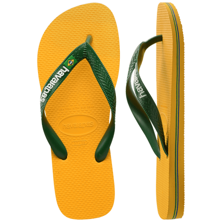 yellow flip flops with green straps featuring a brazil flag, one top view one side view