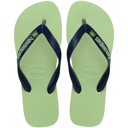 Women's light green flip flop with navy straps featuring Brazil flag detail front view