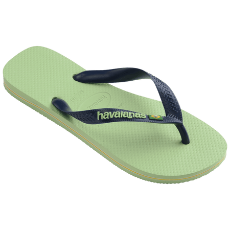 Women's light green flip flop with navy straps featuring Brazil flag detail 3/4 view