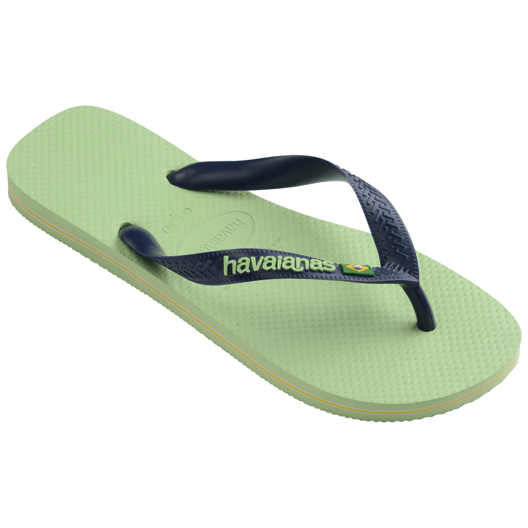 Women's light green flip flop with navy straps featuring Brazil flag detail 3/4 view