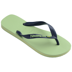 Women's light green flip flop with navy straps featuring Brazil flag detail 3/4 view