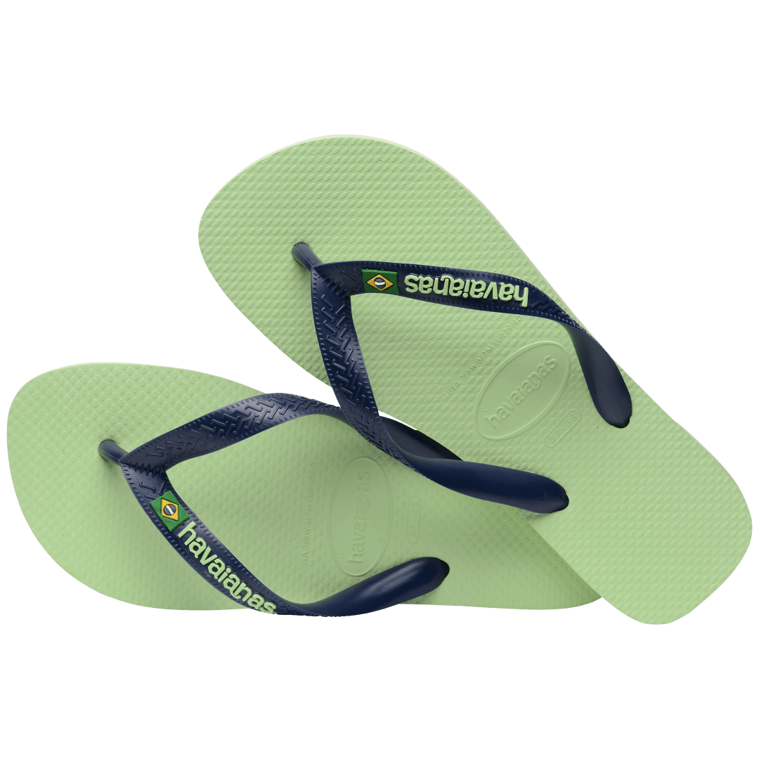 Women's light green flip flop with navy straps featuring Brazil flag detail alternate front view