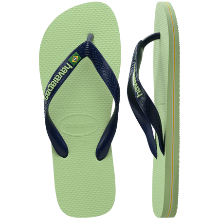 Women's light green flip flop with navy straps featuring Brazil flag detail front and side view