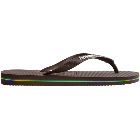 brown flip flops with havaianas written in white on the straps and a Brazil flag, side view