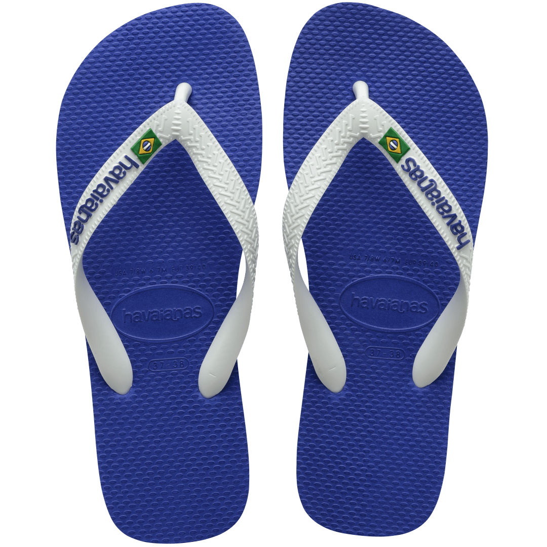 Kids' cobalt blue flip flop with white straps and Brazil flag detail, top view