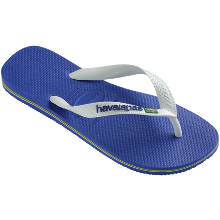 Kids' cobalt blue flip flop with white straps and Brazil flag detail, right 3/4 view