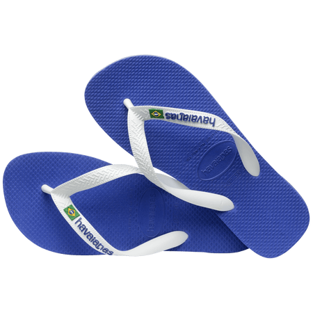 Kids' cobalt blue flip flop with white straps and Brazil flag detail, alternate top view