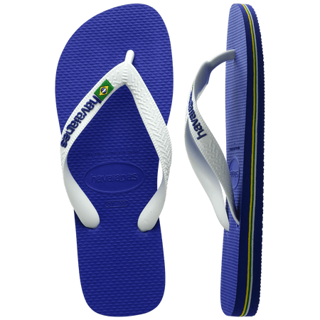 Kids' cobalt blue flip flop with white straps and Brazil flag detail, top and side view