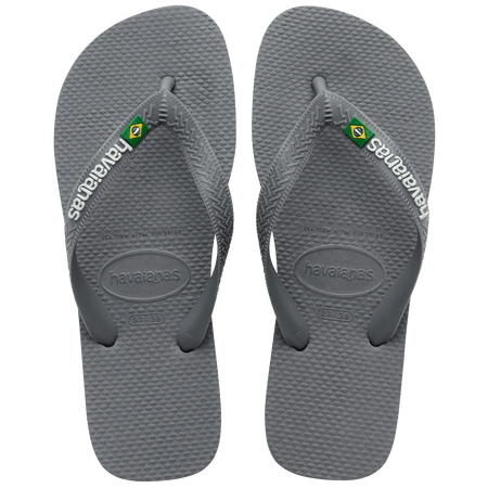 Kids' grey flip flop with Brazil flag detail on the strap, top view