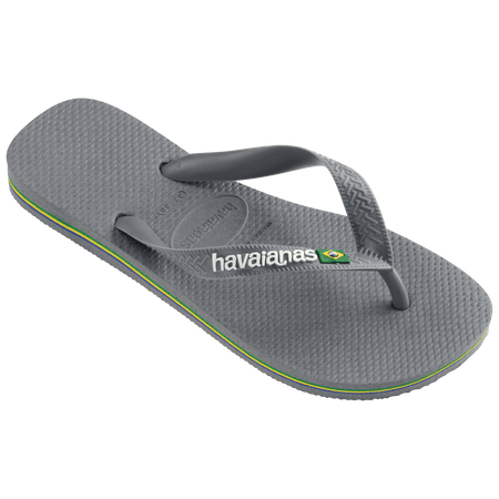 Kids' grey flip flop with Brazil flag detail on the strap, right 3/4 view