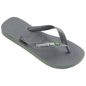 Kids' grey flip flop with Brazil flag detail on the strap, right 3/4 view