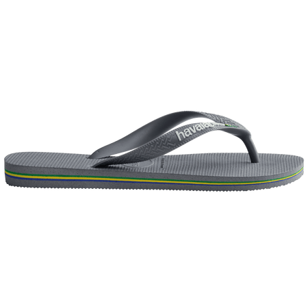 Kids' grey flip flop with Brazil flag detail on the strap, side view