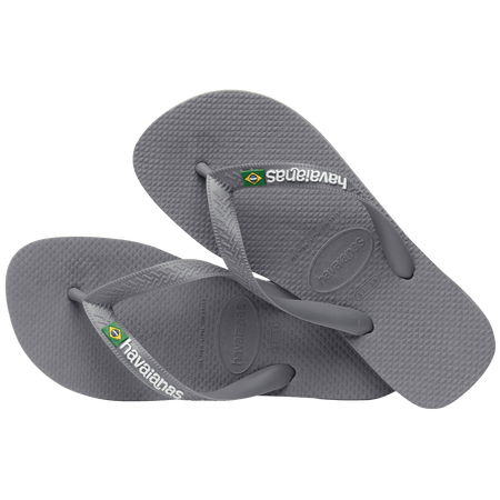 Kids' grey flip flop with Brazil flag detail on the strap, alternate top view