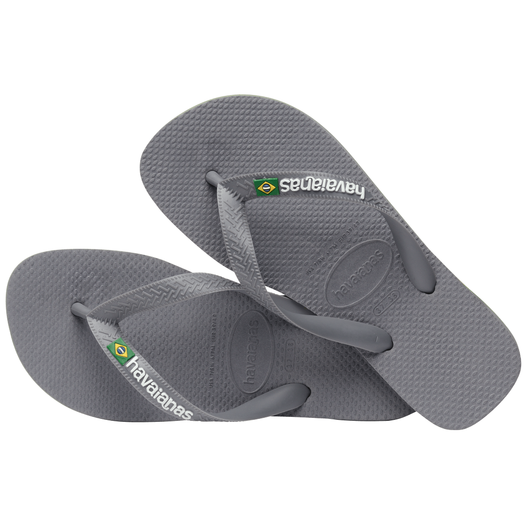 Kids' grey flip flop with Brazil flag detail on the strap, alternate top view