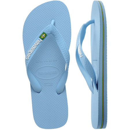 light blue flip flops with a brazil flag on the strap and havaianas written in white, one shoe top view one shoe side view