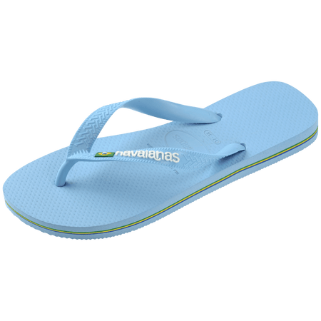 light blue flip flops with a brazil flag on the strap and havaianas written in white, front right view