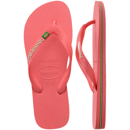 coral pink flip flops with pink straps that feature a small brazil flag, one shoe top view one shoe side view