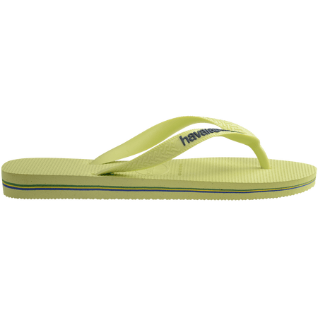 light green flip flops with light green straps, havaianas written in dark green, and a brazil flag side view