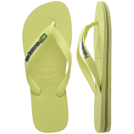 light green flip flops with light green straps, havaianas written in dark green, and a brazil flag one shoe top view, one shoe side view