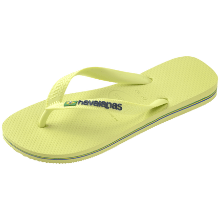 light green flip flops with light green straps, havaianas written in dark green, and a brazil flag front right view