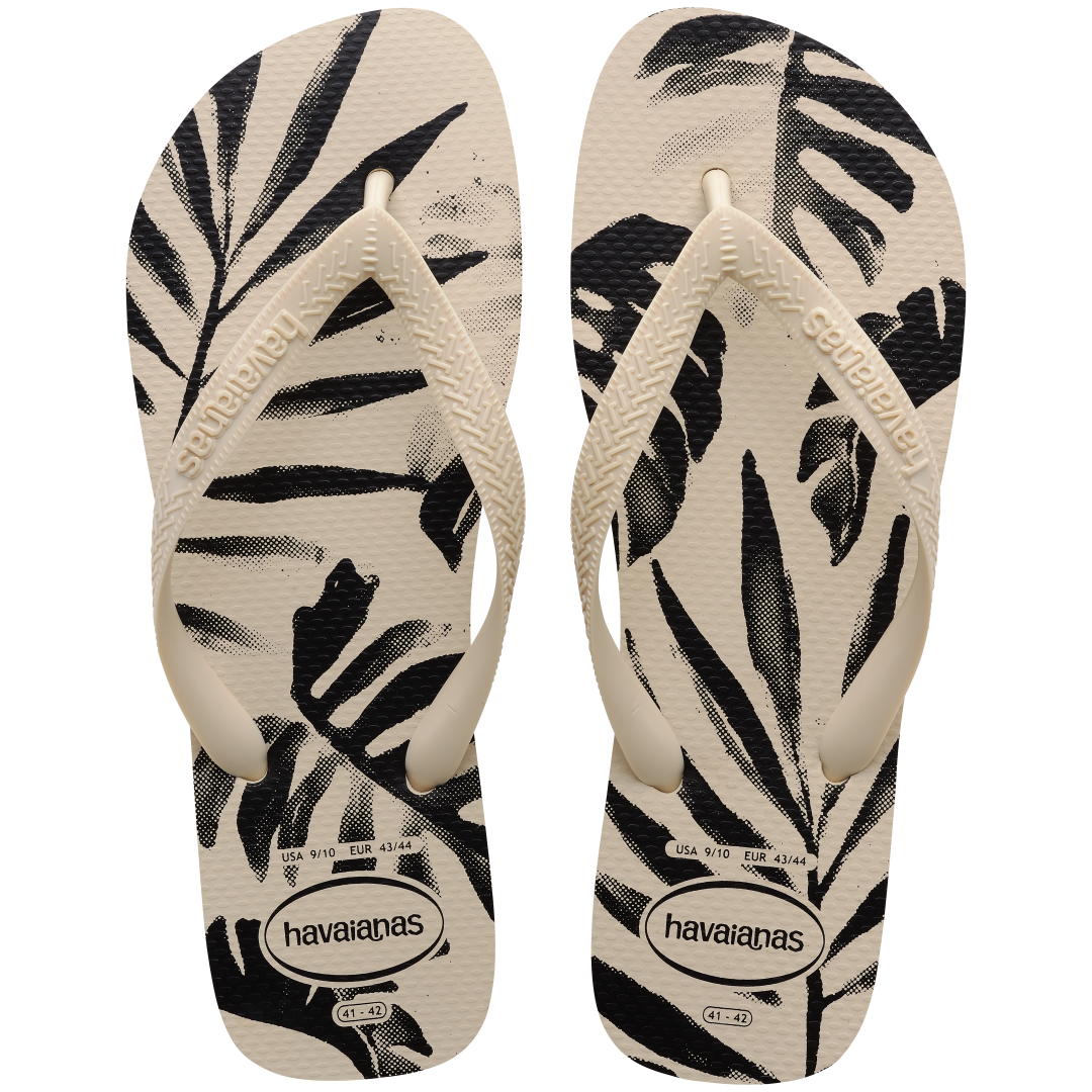 Men's off white and black palm print flip flops top view