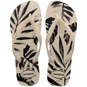 Men's off white and black palm print flip flops top view