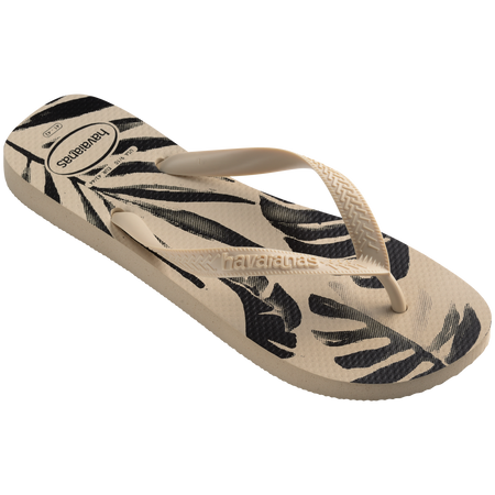 Men's off white and black palm print flip flops 3/4 side view