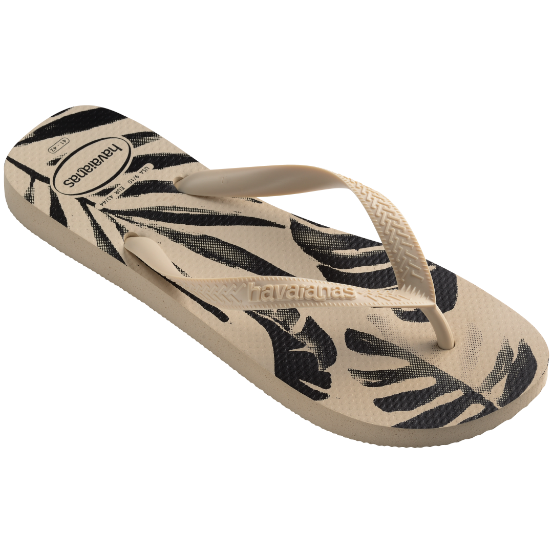 Men's off white and black palm print flip flops 3/4 side view