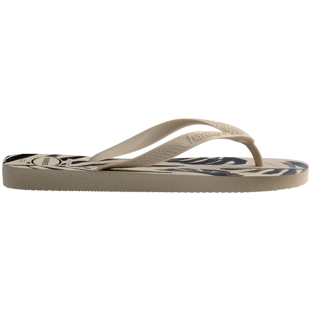 Men's off white and black palm print flip flops side view