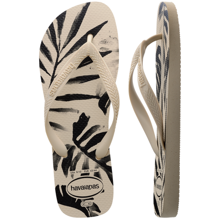 Men's off white and black palm print flip flops top and side view