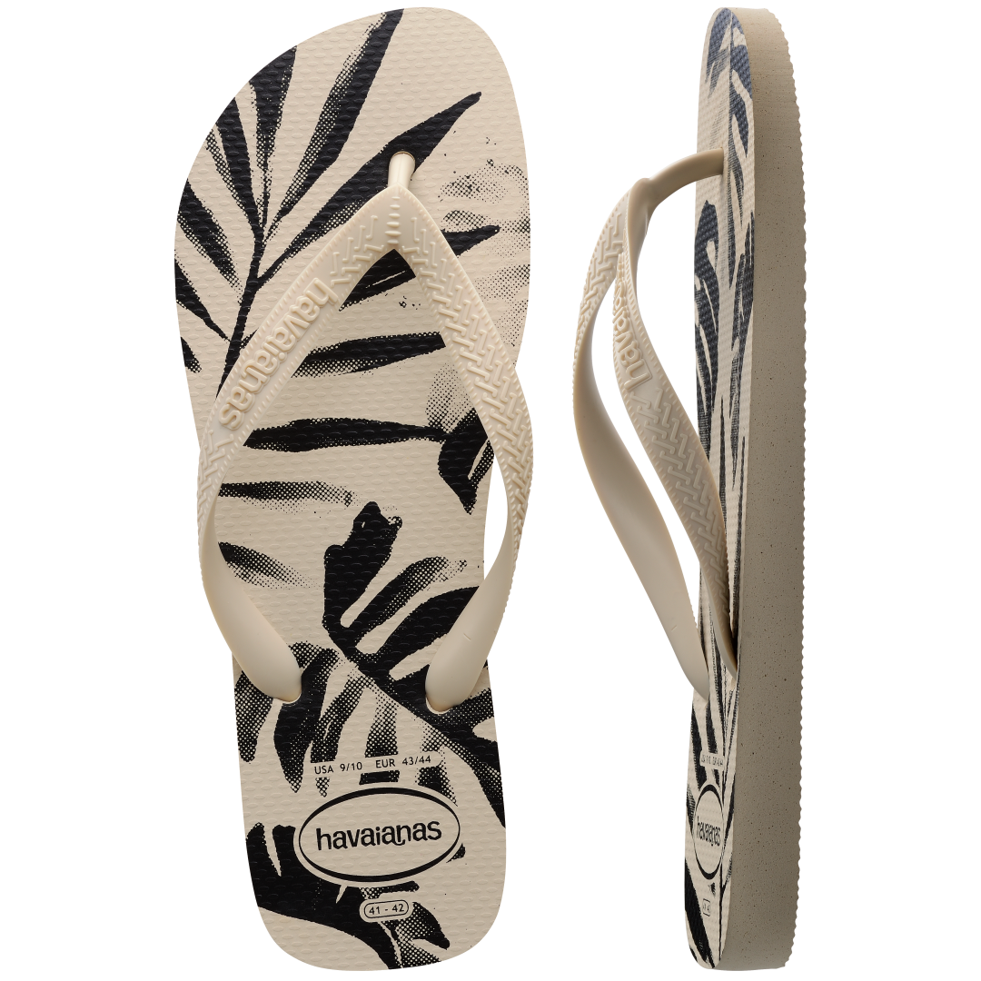 Men's off white and black palm print flip flops top and side view