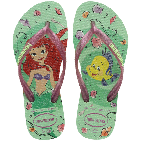 Green Disney's The Little Mermaid flip flops with Ariel and Sebastian and glitter pink straps top view