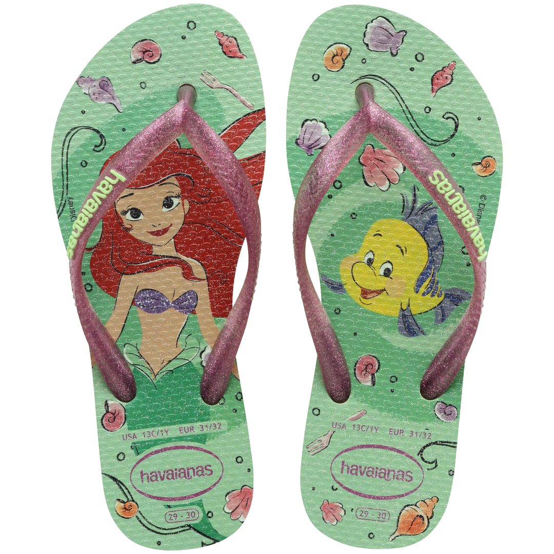 Green Disney's The Little Mermaid flip flops with Ariel and Sebastian and glitter pink straps top view