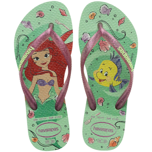 Green Disney's The Little Mermaid flip flops with Ariel and Sebastian and glitter pink straps top view